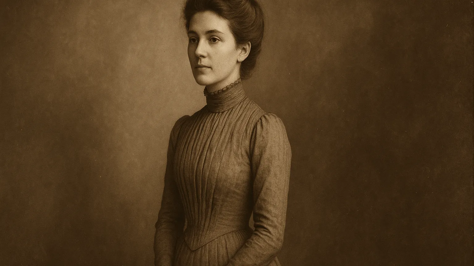 An early-1900s portrait of a woman with long hair worn up and a high-necked, long-sleeved dress.